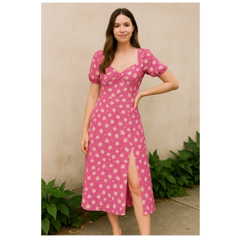 WAYF x Anthropologie Pink Daisy Puff Sleeve Midi Dress L | Spring Wedding Guest